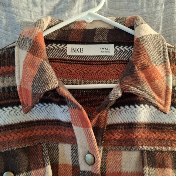 BKE Orange Brown Plaid Button Down Shacket-Size S - Picture 2 of 7